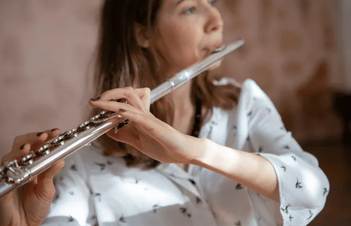 lady being taught online flute lessons in Huddersfield